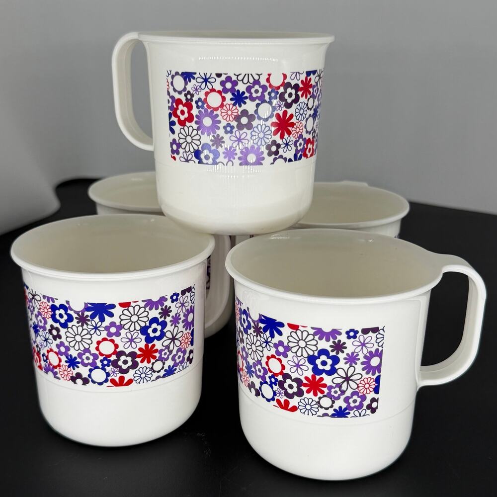 Tupperware Floral Coffee Mugs Cups Set Plastic 12oz Purple Red White Stackable